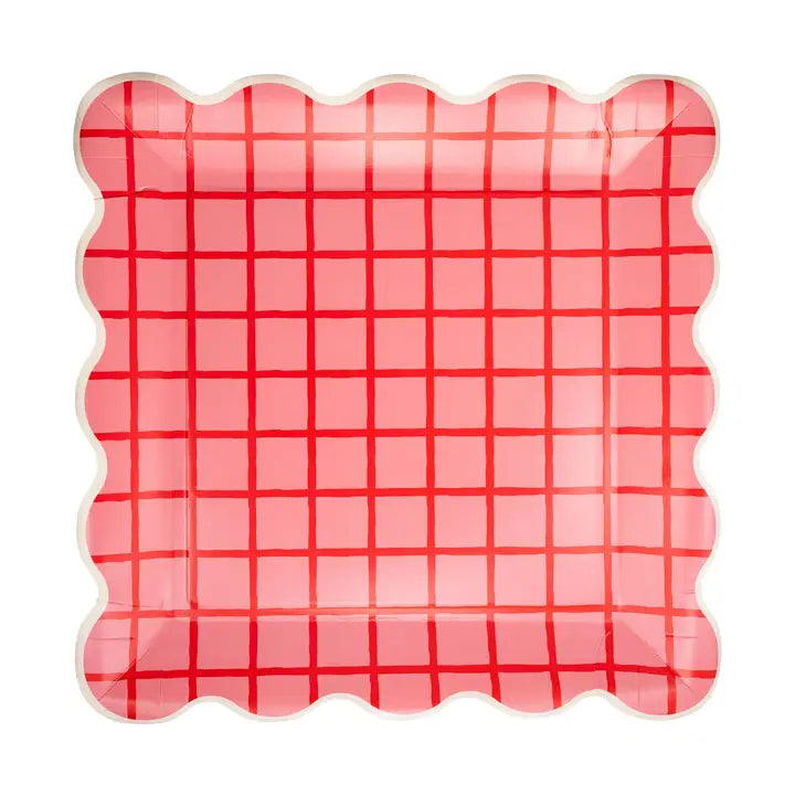 Red & Pink Grid Scalloped Plate