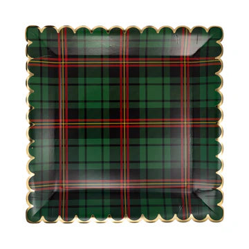Green Tartan Plaid Square Scalloped Plate