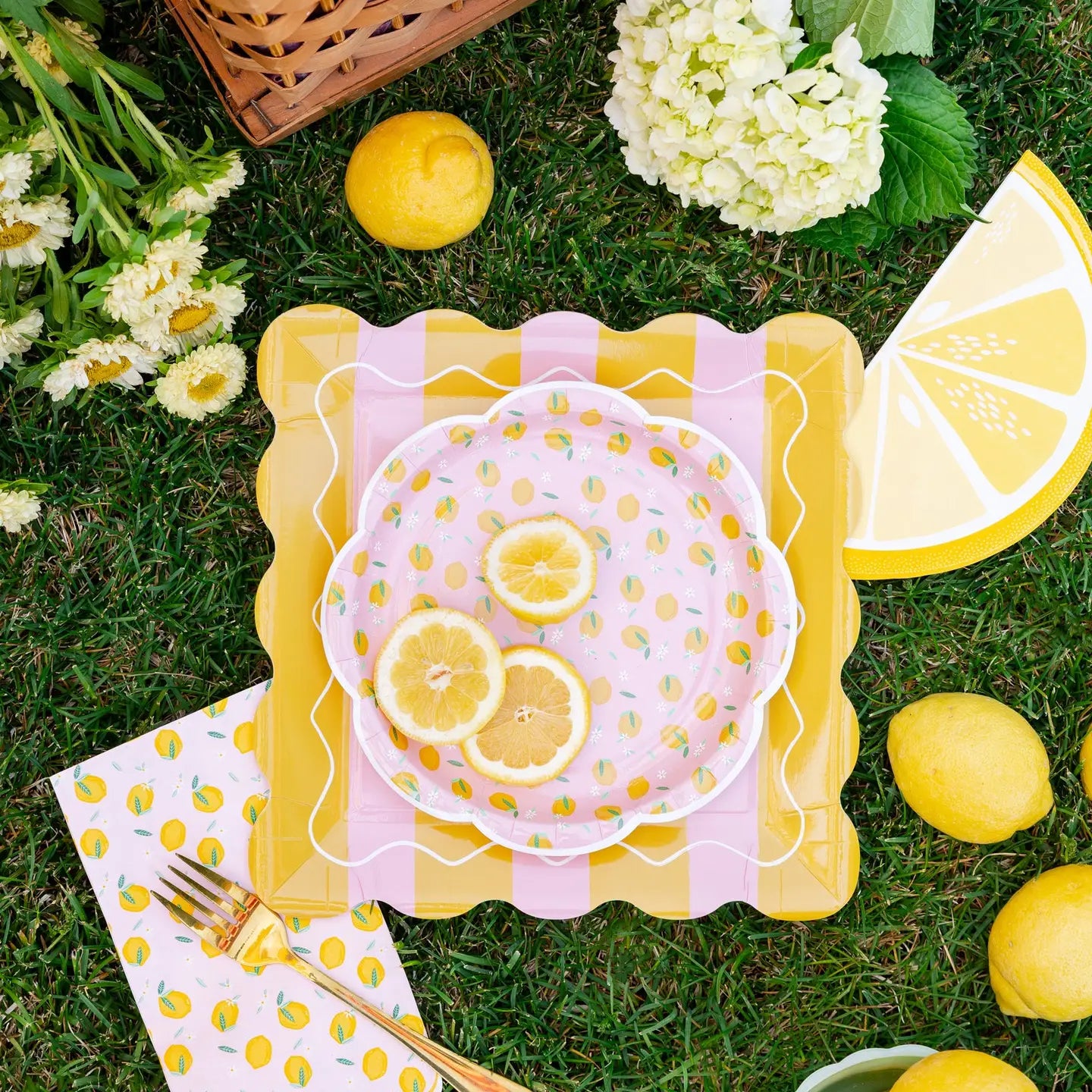 Pink & Yellow Striped Scalloped Square Plate