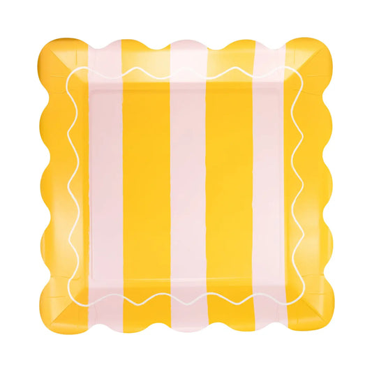 Pink & Yellow Striped Scalloped Square Plate