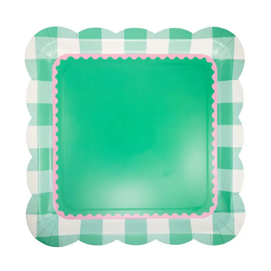 Pink & Green Gingham Scalloped Plate