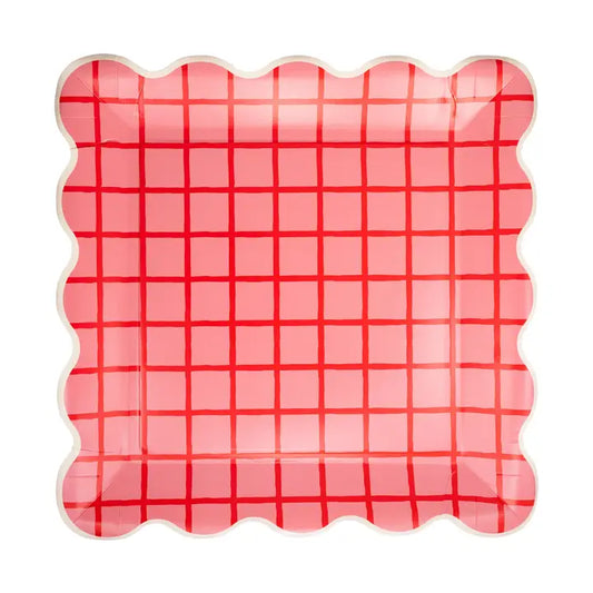 Red & Pink Grid Scalloped Plate